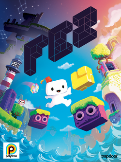 The cover art, drawn with a bright, painterly color palette, shows a cartoonish Gomez hopping between two purple platforms lined with grass. The black, angled Fez logo is in the foreground, and various parts of Fez, including animals, the multicolored guide, a lighthouse, and the sea are shown in the background.