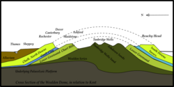 Cross-sectional diagram of eroded layers of geological anticline with locations of towns indicated