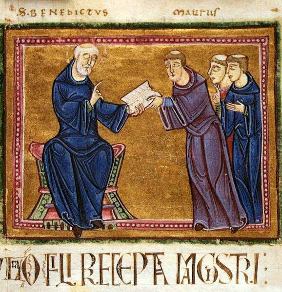 File:St. Benedict delivering his rule to the monks of his order.jpg