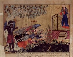 Art from an Arabic manuscript of the Annals of al-Tabari showing Iblis refusing to prostrate before the newly created Adam.