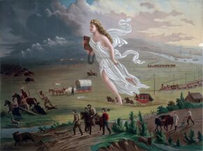 Painting depicting a woman draped in white robes flying westward across the land with settlers and following her on foot