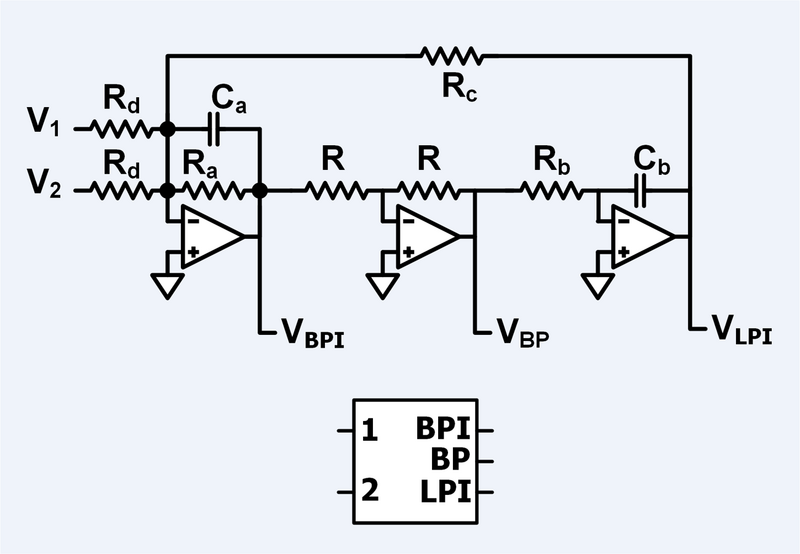 File:Tow-Thomas active filter with summing inputs and complimentary bandpass outputs.png