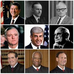 Collage of nine American conservatives: Ronald Reagan, Calvin Coolidge, Barry Goldwater, William F. Buckley Jr., Jack Kemp, Milton Friedman, Antonin Scalia, Clarence Thomas, Samuel Alito