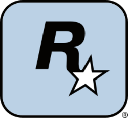 A capital "R" in black has a five-pointed, white star with a black outline appended to its lower-right end. They lay on a light-blue square with a black outline and rounded corners.