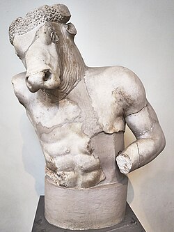 Statue of the Minotaur (Roman copy after an original by Myron) at the National Archaeological Museum of Athens on 3 April 2018.jpg