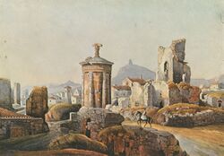 Athens The Choregic momument of Lysicrates and the ruined quarter of Fanari, from the north-east - Peytier Eugène - 1828-1836.jpg