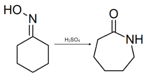 Beckmann rearrangement of cyclohexanone oxime.png