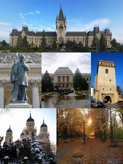 From top left: Palace of Culture, Vasile Alecsandri Statue in front of the National Theatre, Alexandru Ioan Cuza University, Golia Tower, Metropolitan Cathedral, and the Botanical Garden