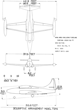 3-view line drawing of the Lockheed T2V-1 Seastar