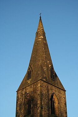 Tower and broach spire of the Roman Catholic church of the Annunciation, New Mills, Derbyshire, January 2012.jpg